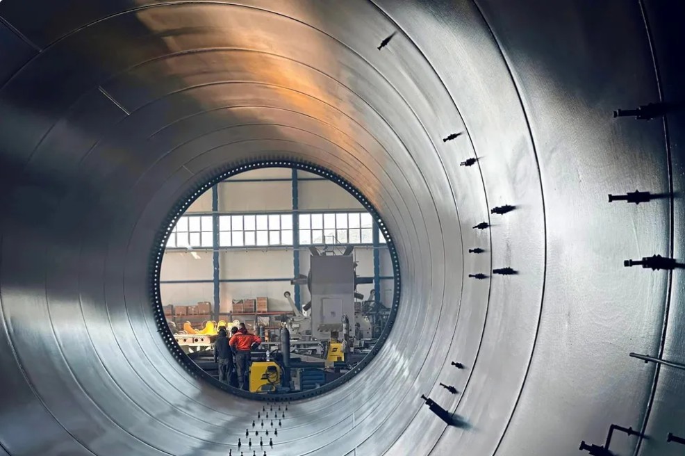 Inside a turbine tower produced at the new Friendly Wind factory in Ukraine’s western Zakarpattia region, which is straddled by the Carpathian Mountains.Photo: Friendly Wind Technology